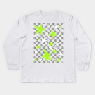 Gray and Green Stars Checkerboard Kids Long Sleeve T-Shirt